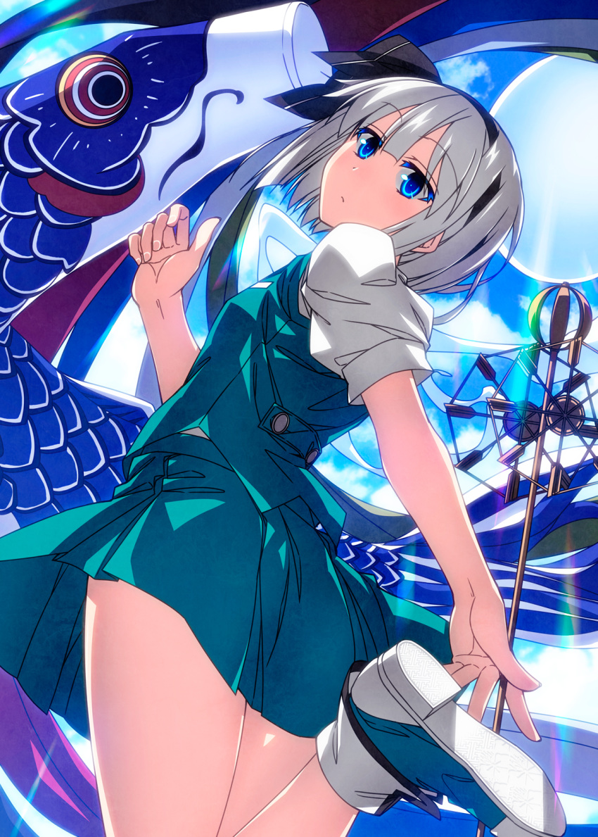 1girl, black_hairband, blue_eyes, blue_skirt, blue_vest, colored_eyelashes, hairband, high_tops