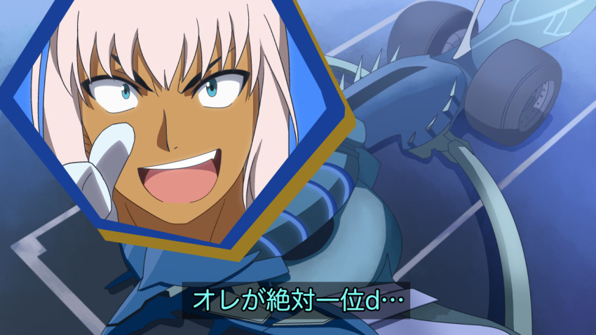 1girl, bangs, blue_eyes, caenis_(fate), car, carnival_phantasm, colored_text, dark_skin