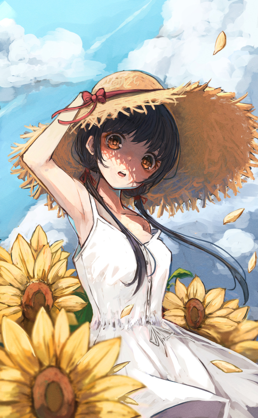 1girl, arm_up, armpits, bangs, bare_arms, bare_shoulders, black_hair, blue_sky