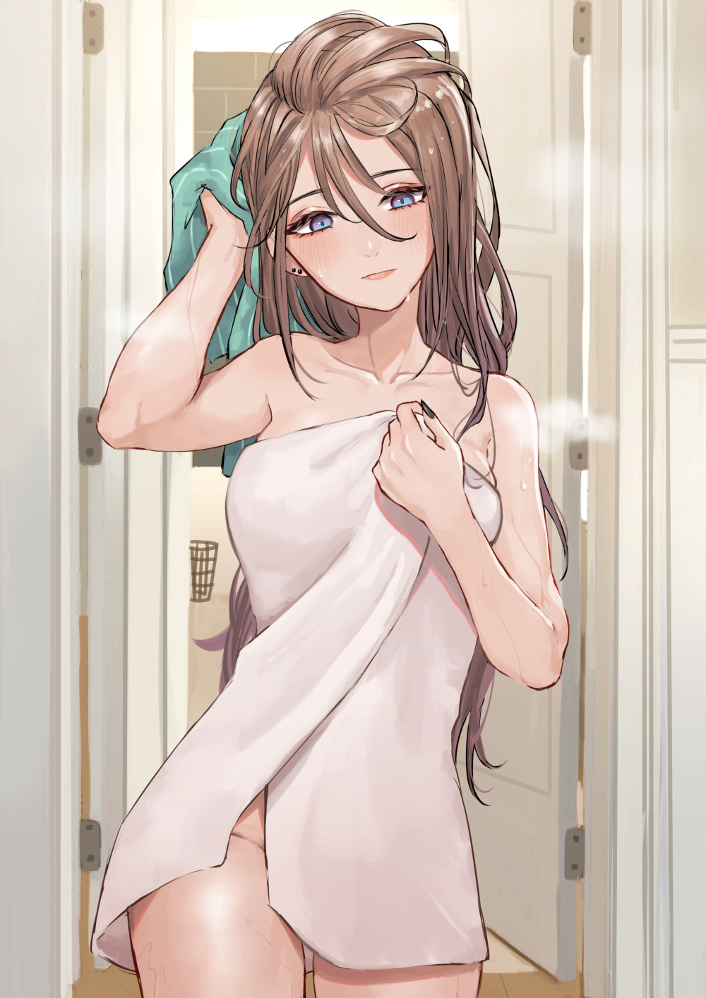 1girl, black_nails, blue_eyes, blush, breasts, brown_hair, earrings, hair_between_eyes