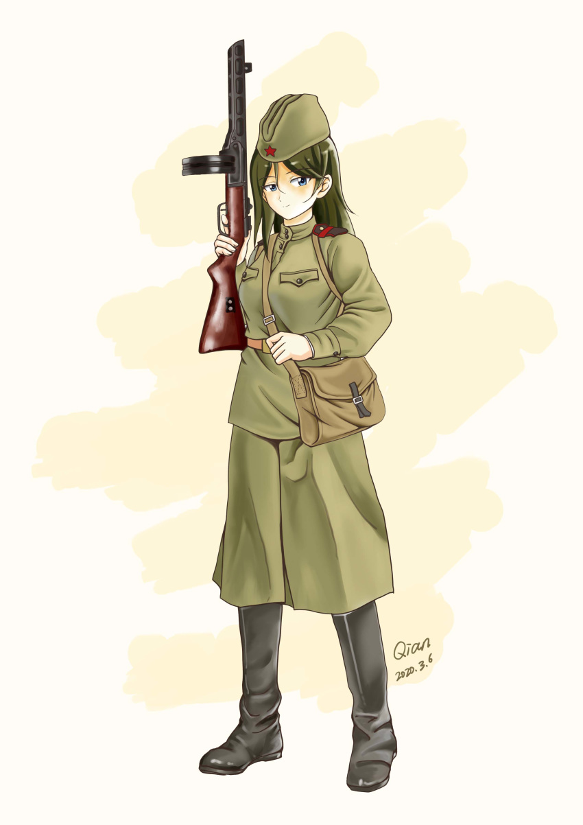 1girl, absurdres, bag, belt, belt_buckle, black_hair, blue_eyes, boots