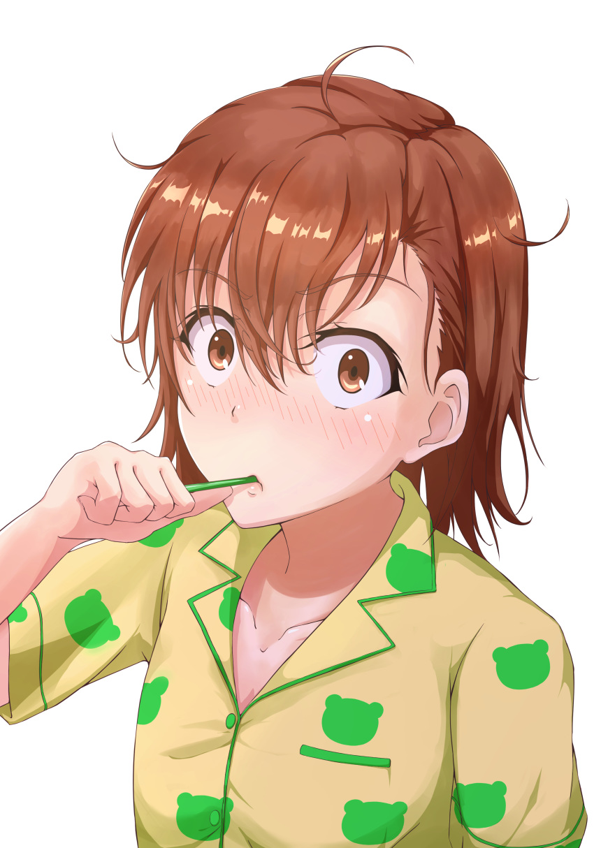 1girl, absurdres, animal_print, blush, brown_eyes, brown_hair, brushing_teeth, buttons