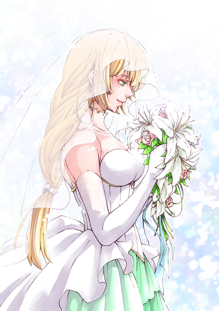1girl, blonde_hair, bouquet, bride, bride_(fire_emblem), closed_mouth, dress, ebi_puri_(ebi-ebi)