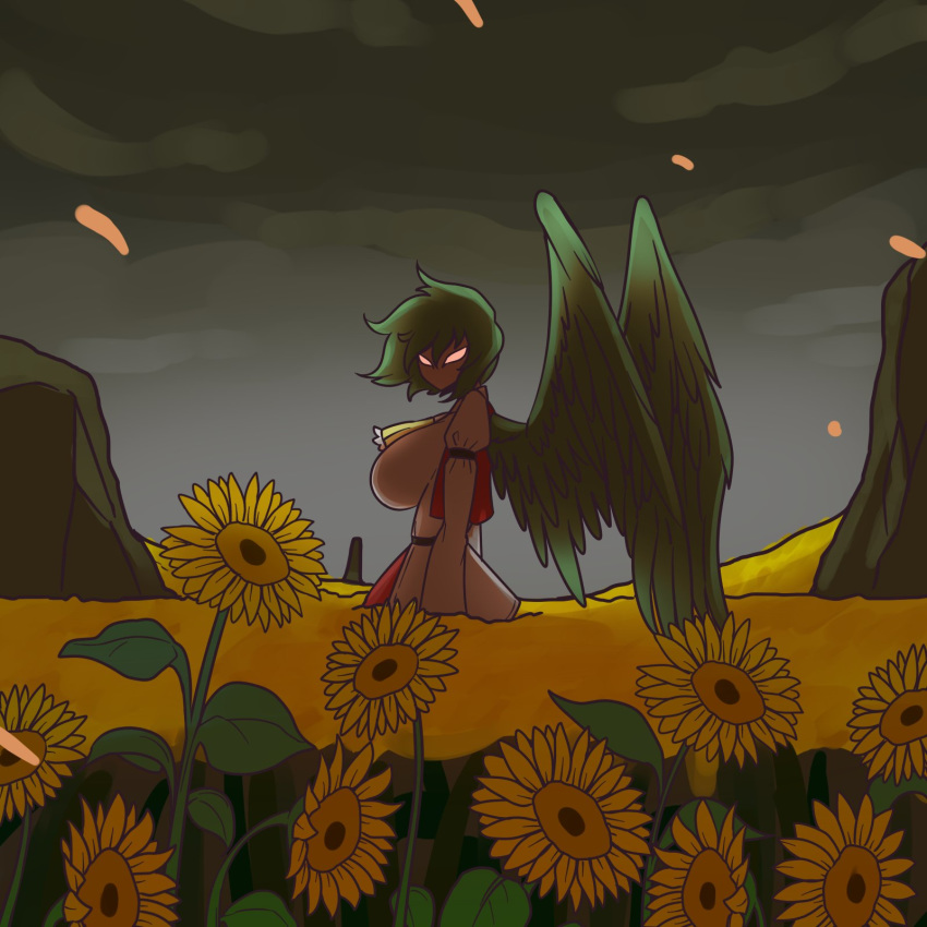 1girl, ascot, cha_ji_qiye_sui_daiduo_diyu, clouds, flower, glowing, glowing_eyes, green_hair, highres, kazami_yuuka, looking_at_viewer, plaid, red_eyes, rock, short_hair, solo, sunflower, touhou, vest, wind, wings
