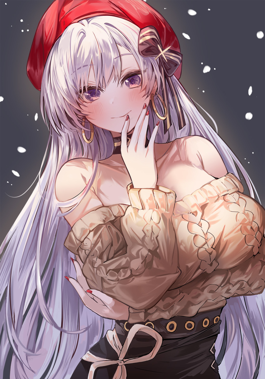 1girl, aran_sweater, arm_under_breasts, azur_lane, bangs, bare_shoulders, belfast_(azur_lane), belfast_(shopping_with_the_head_maid)_(azur_lane), beret, black_skirt, blush, bow, breasts, brown_sweater, choker, closed_mouth, commentary_request, earrings, hair_bow, hand_to_lip, hat, highres, hoop_earrings, jewelry, large_breasts, long_hair, looking_at_viewer, off-shoulder_sweater, off_shoulder, red_headwear, red_nails, silver_hair, skirt, smile, suru_(ksoo420), sweater, violet_eyes