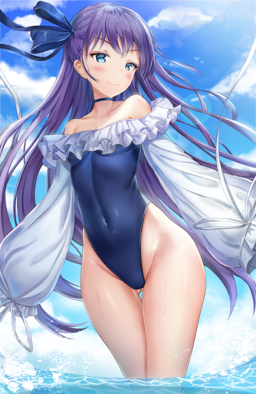 1girl, ass_visible_through_thighs, bangs, bare_hips, bare_shoulders, blue_eyes, blue_ribbon, blue_sky