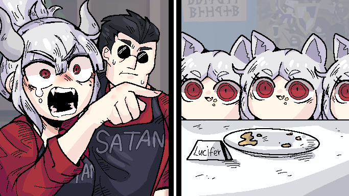 1boy, 4girls, angry, animal_ears, apron, bangs, black_apron, black_hair, cerberus_(helltaker), closed_mouth, collared_shirt, demon_girl, demon_horns, dog_ears, dog_girl, eyebrows_visible_through_hair, food, food_on_face, hair_ornament, helltaker, helltaker_(character), horns, long_hair, lucifer_(helltaker), medium_hair, meme, mole, mole_under_eye, multiple_girls, open_mouth, red_eyes, red_shirt, sharp_teeth, shirt, short_hair, siblings, sisters, sleeves_rolled_up, sunglasses, sweat, sweatdrop, teeth, thethe694444, triplets, white_hair, white_horns, woman_yelling_at_cat