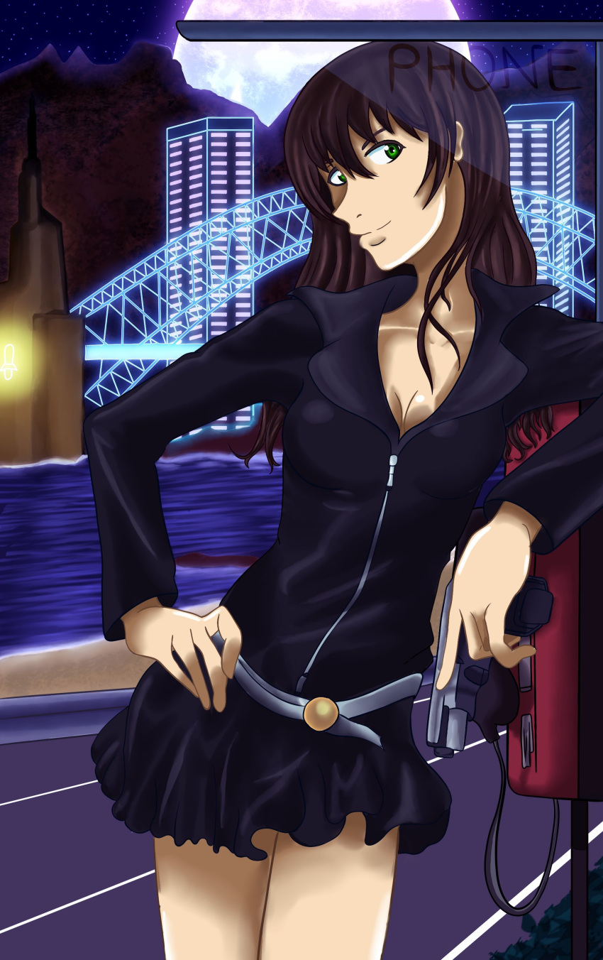 1girl, absurdres, bare_legs, brown_hair, building, evangeline_yamamoto, green_eyes, highres