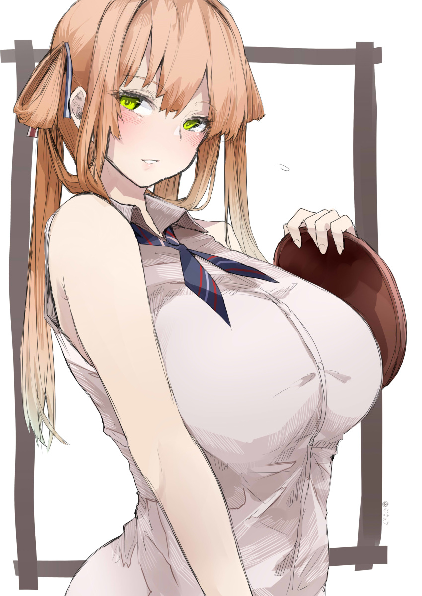 1girl, absurdres, bare_arms, blouse, blush, breasts, brown_hair, collared_blouse