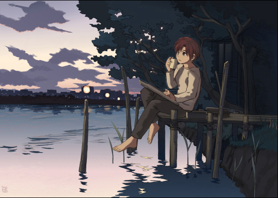 cup, dagashi, dock, dusk, feet, lake, maruko_maruko, nature