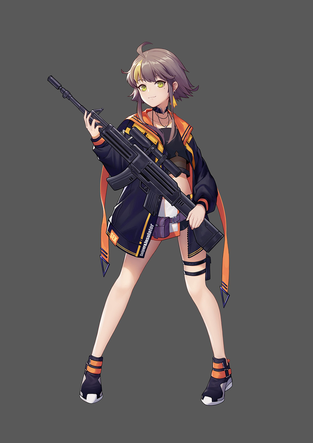 1girl, ahoge, assault_rifle, bare_legs, belt_pouch, black_choker, black_jacket, black_shirt