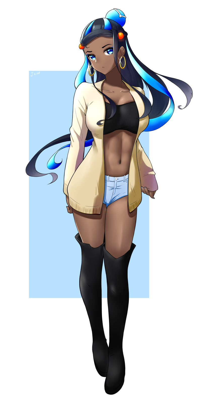 1girl, absurdres, alternate_breast_size, alternate_costume, arms_at_sides, bandeau, black_footwear, black_hair, blue_eyes, blue_hair, boots, breasts, bun_cover, cardigan, casual, closed_mouth, collarbone, dark_skin, denim, denim_shorts, earrings, floating_hair, full_body, guxu, gym_leader, hair_bun, hair_ornament, highres, hoop_earrings, jewelry, knee_boots, large_breasts, long_hair, long_sleeves, looking_at_viewer, looking_back, multicolored_hair, navel, open_cardigan, open_clothes, pokemon, pokemon_(game), pokemon_swsh, rurina_(pokemon), short_shorts, shorts, skindentation, sleeves_past_wrists, solo, stomach, toned, two-tone_hair, very_long_hair
