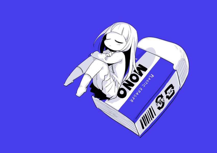 1girl, blue_background, blue_theme, blush, closed_eyes, closed_mouth, eraser, long_hair