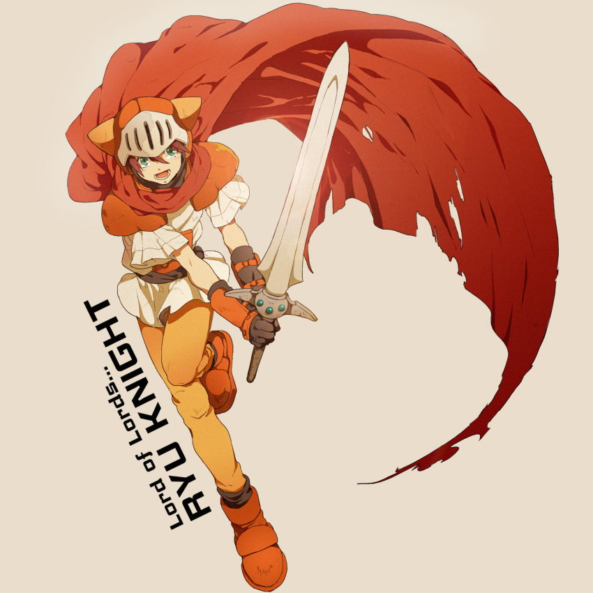 1boy, adeu_warsam, armor, belt, brown_background, cape, character_name, copyright_name