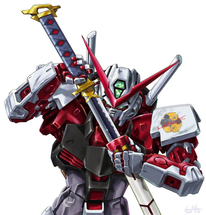 dated, gerbera_straight, gundam, gundam_astray_red_frame, gundam_seed, gundam_seed_astray, katana, mecha, no_humans, sheath, signature, sword, tokita_kouichi, unsheathing, weapon, white_background