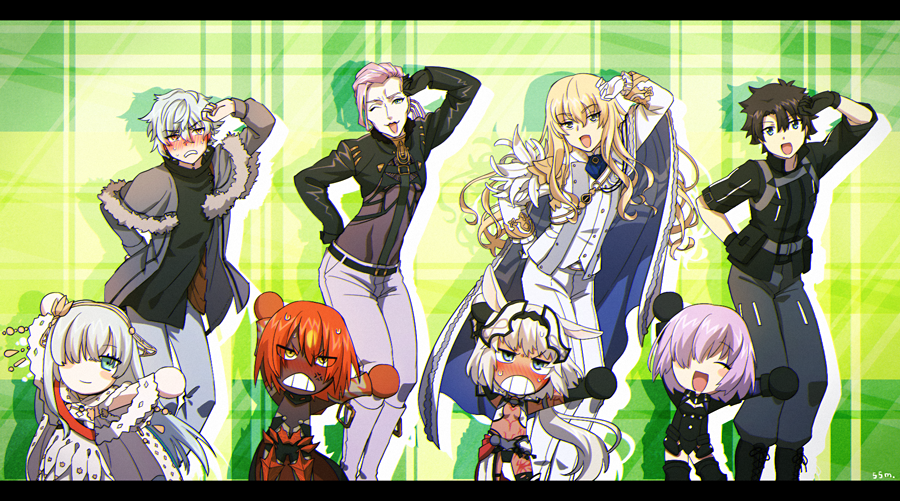 3girls, 5boys, anastasia_(fate/grand_order), anger_vein, ashwatthama_(fate/grand_order), black_gloves, black_hair, blonde_hair