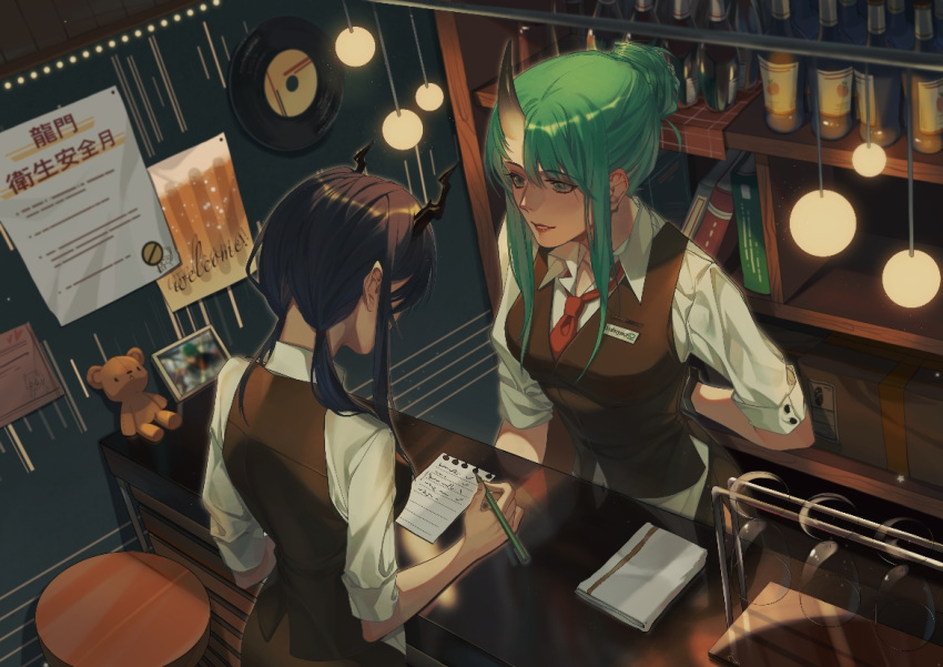 2girls, alcohol, alternate_costume, arknights, arm_behind_back, bangs, bar, bartender