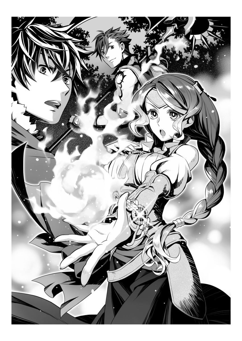 1girl, 2boys, :o, braid, braided_ponytail, eyebrows_visible_through_hair, faulds, fire
