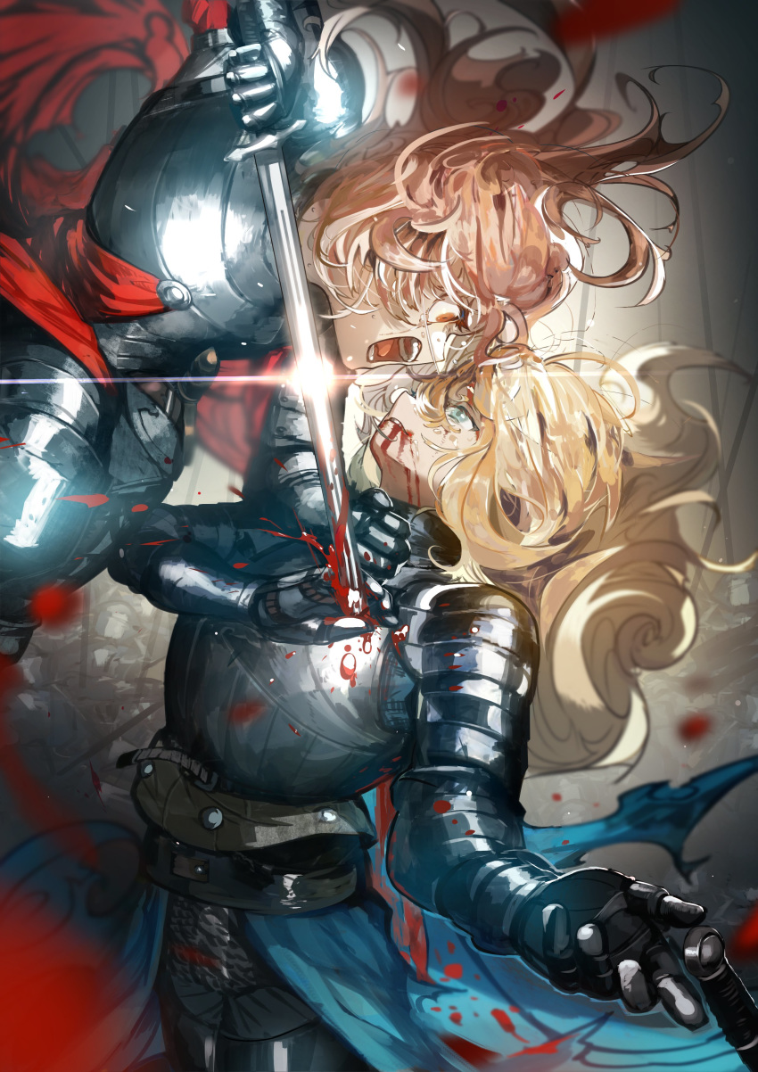 2girls, absurdres, armor, battle, blonde_hair, blood, blood_from_mouth, blood_splatter