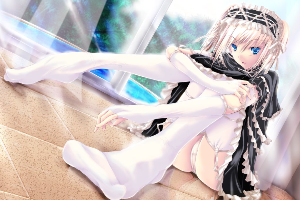 blue_eyes, gloves, kudou_takashi, kuon_itsuki, panties, perspective, short_hair, stockings
