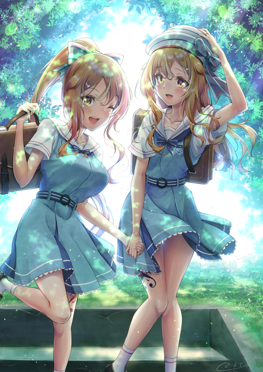 1boy, 1girl, :d, ;d, bag, belt, blonde_hair, blue_belt