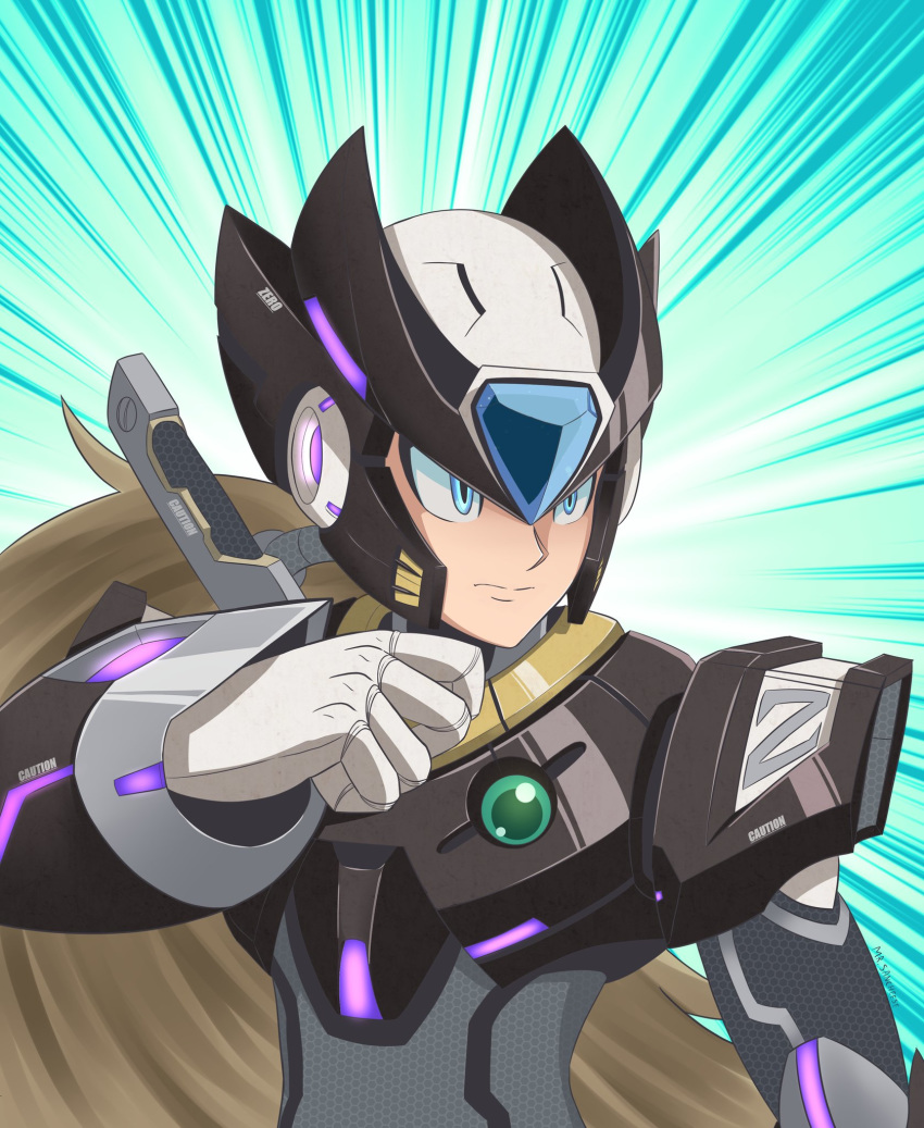 1boy, alternate_color, android, armor, blonde_hair, blue_background, blue_eyes, capcom, closed_mouth, commentary, energy_sword, gloves, grey_hair, helmet, highres, long_hair, male_focus, mega_man_(series), mega_man_x_(series), mrsancheese_art, orb, ponytail, redesign, robot, robot_ears, rockman, rockman_x, silver_hair, solo, sword, very_long_hair, weapon, zero_(mega_man), zero_(rockman)