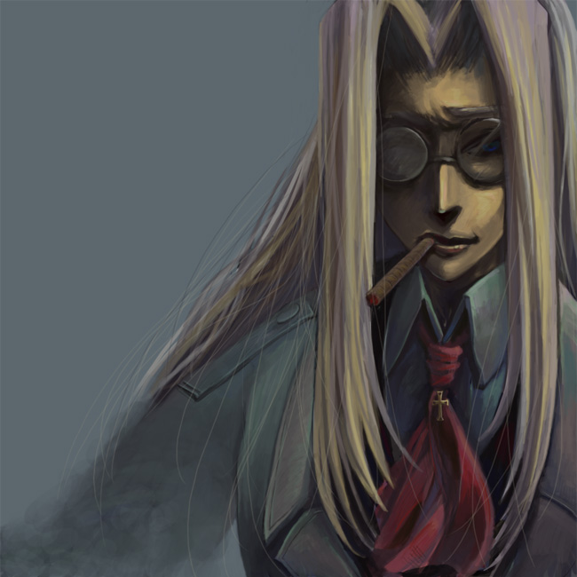 blonde_hair, blue_eyes, cigar, cross, glasses, hair_intakes, hellsing, integra_hellsing
