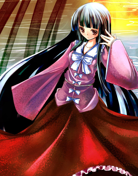 bad_id, black_hair, brown_eyes, houraisan_kaguya, japanese_clothes, long_hair, long_skirt, ribbon
