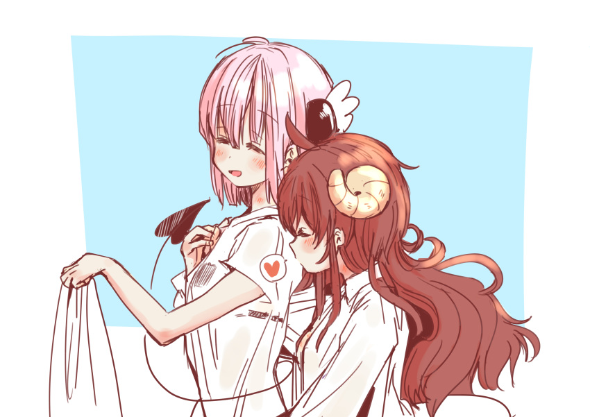 2girls, absurdres, ahoge, blush, brown_hair, chiyoda_momo, demon_girl, demon_horns