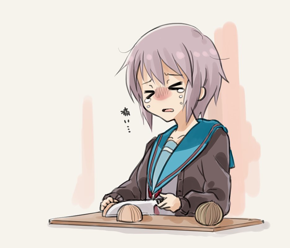 >_<, 1girl, blue_sailor_collar, blush, brown_jacket, closed_eyes, cutting_board, cutting_onions, grey_shirt, holding, holding_knife, jacket, knife, long_sleeves, nagato_yuki, nanabuluku, neckerchief, nose_blush, open_mouth, red_neckwear, sailor_collar, school_uniform, serafuku, shirt, solo, suzumiya_haruhi_no_yuuutsu, tears