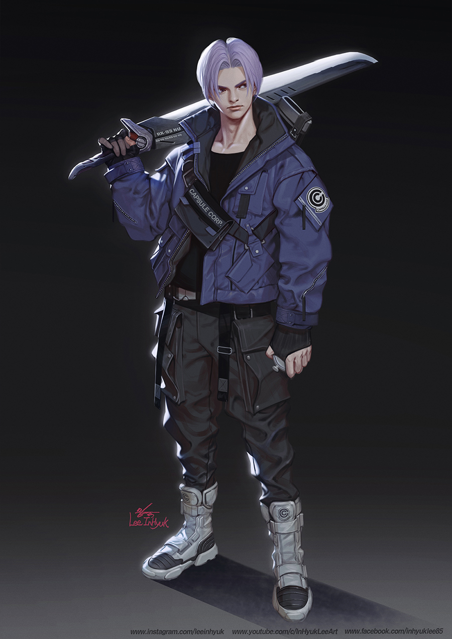 1boy, adapted_costume, arm_at_side, artist_name, backlighting, baggy_pants, belt, black_gloves, black_pants, boots, capsule_corp, carrying_over_shoulder, closed_mouth, clothes_writing, collarbone, commentary, dark_background, darkness, dragon_ball, dragon_ball_z, dragon_radar, expressionless, facebook_username, fingerless_gloves, fingernails, frown, full_body, gloves, glowing, gradient, gradient_background, grey_background, grey_footwear, hand_up, highres, holding, holding_sword, holding_weapon, in-hyuk_lee, instagram_username, jacket, legs_apart, lips, looking_to_the_side, loose_belt, male_focus, open_clothes, open_jacket, pants, pants_tucked_in, purple_hair, purple_jacket, realistic, shaded_face, shadow, sheath, signature, standing, straight_hair, sword, trunks_(future)_(dragon_ball), watermark, weapon, web_address, youtube_username, zipper