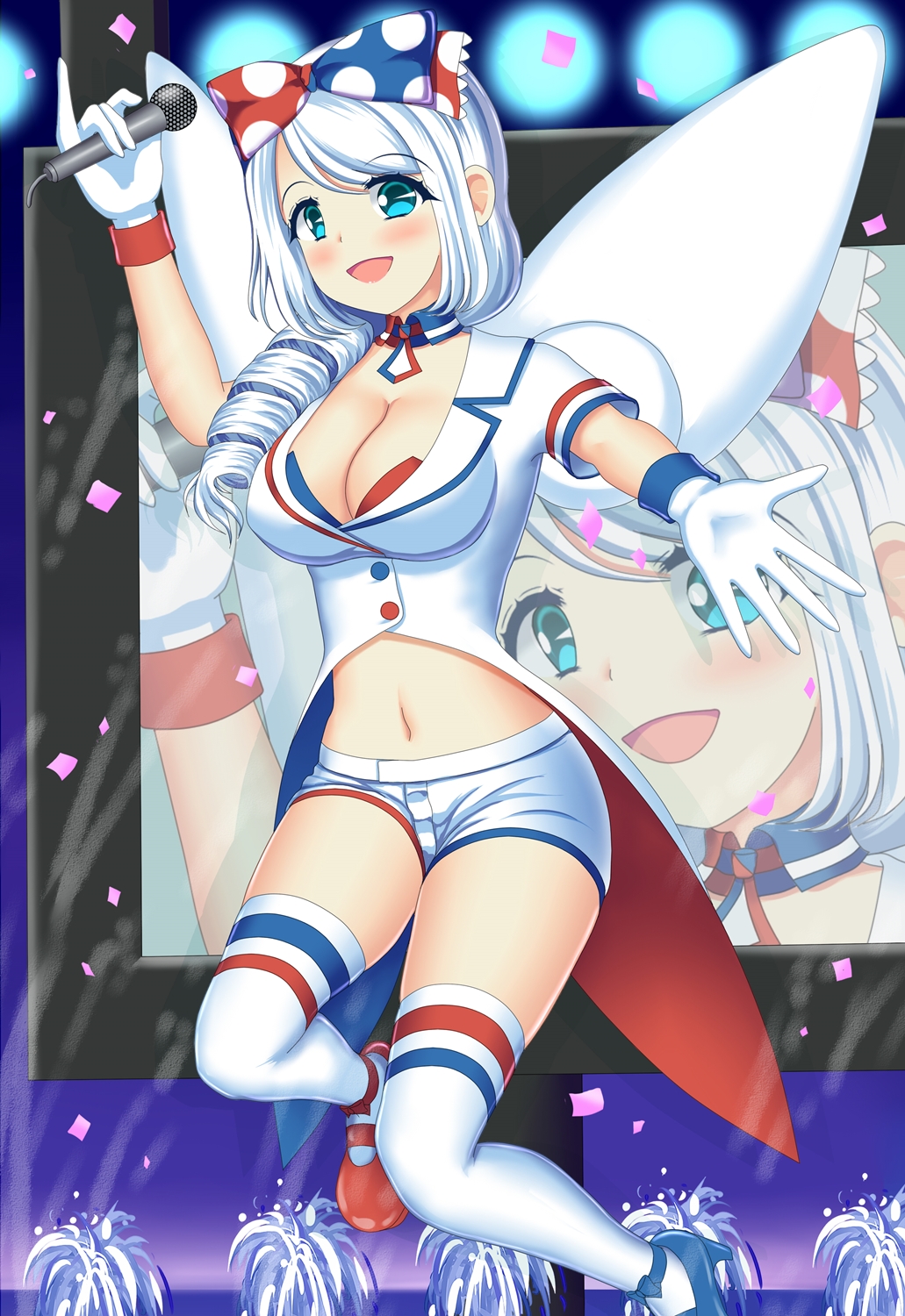 1girl, angel_wings, blue_eyes, breasts, fountain, gen_4_pokemon, gloves, highres