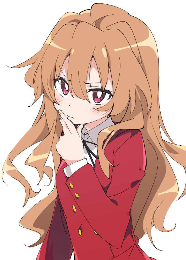 1girl, aisaka_taiga, black_ribbon, blush, brown_hair, closed_mouth, commentary_request, eyebrows_visible_through_hair, hair_between_eyes, ixy, jacket, long_hair, long_sleeves, looking_at_viewer, oohashi_high_school_uniform, red_eyes, red_jacket, ribbon, school_uniform, shirt, simple_background, solo, toradora!, upper_body, white_background, white_shirt