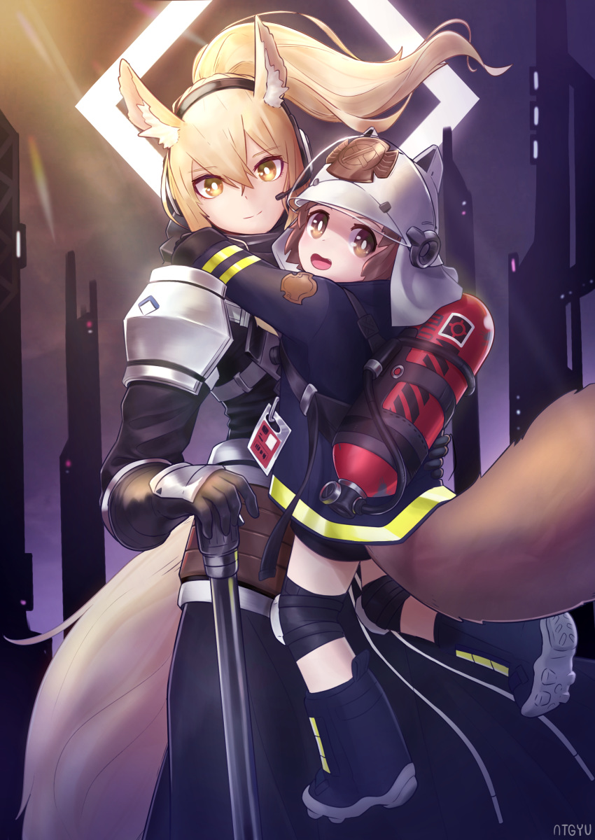 2girls, :d, absurdres, animal_ear_fluff, animal_ears, animal_ears_helmet, arknights, armor