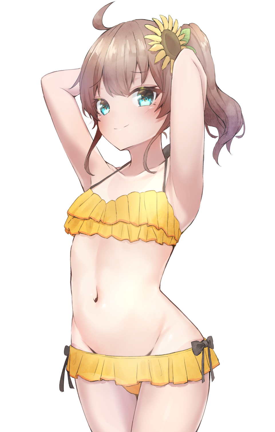 1girl, ahoge, aqua_eyes, armpits, arms_behind_head, arms_up, bangs, bikini