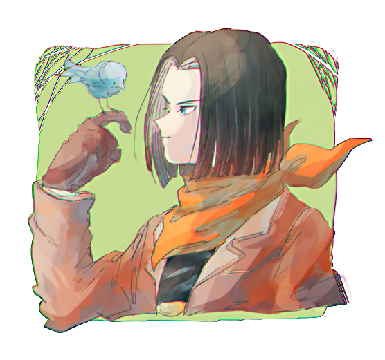 1boy, android, android_17, bandana, bird, bird_on_finger, black_hair, black_shirt, blue_eyes, brown_coat, brown_gloves, brown_jacket, coat, dragon_ball, dragon_ball_gt, gloves, green_background, happy, hell_fighter_17, jacket, male_focus, medium_hair, neckerchief, nerinriume, robot, shirt, short_hair, simple_background, smile, solo, t-shirt, upper_body