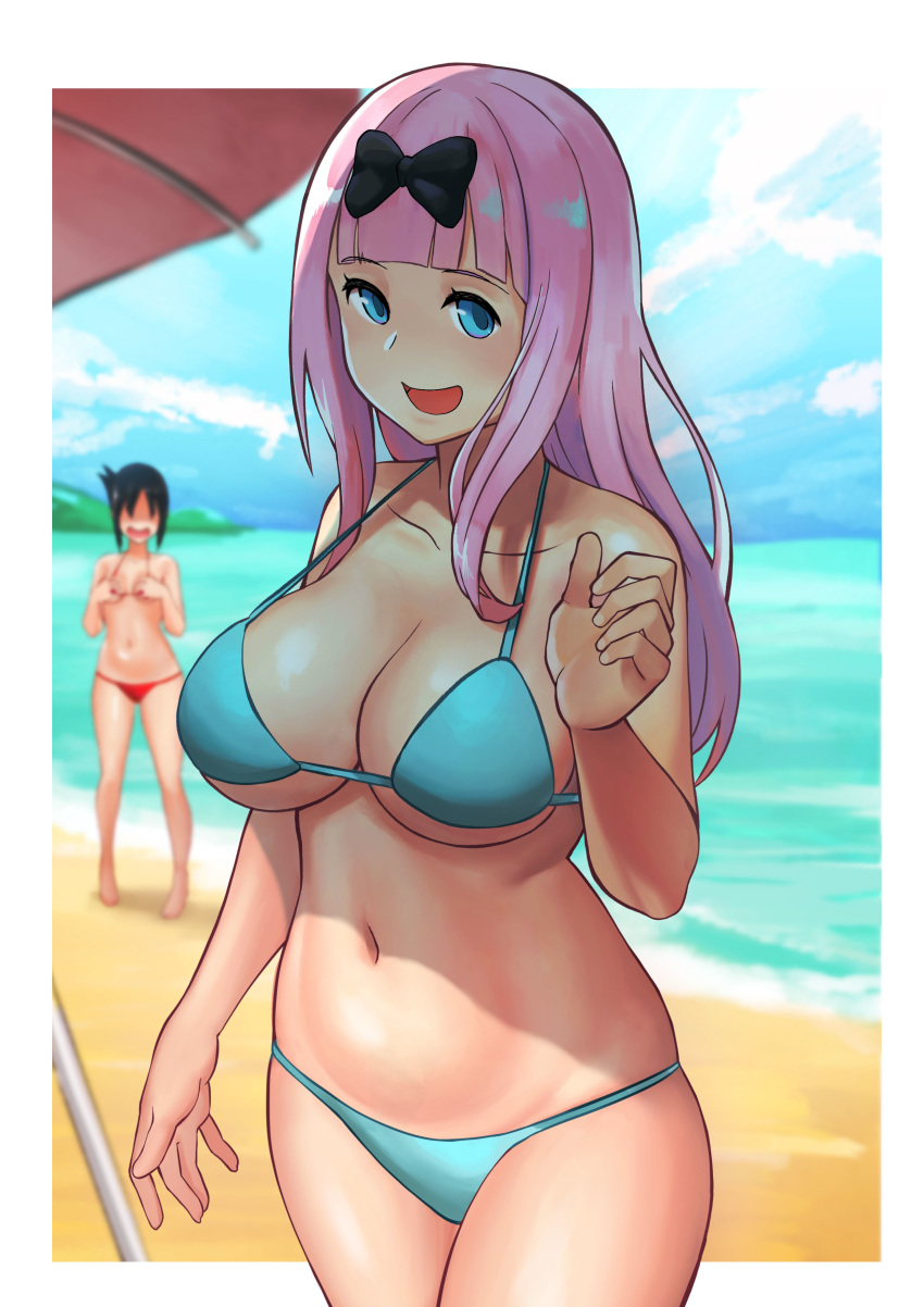 2girls, absurdres, bangs, beach, bikini, black_bow, black_hair, blue_bikini