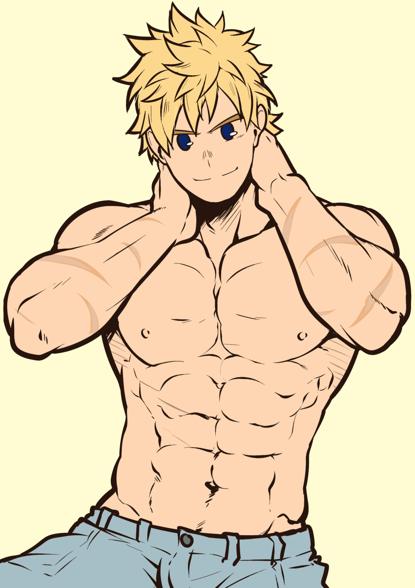 1boy, abs, absurdres, alternate_costume, alternate_hairstyle, artofkuroshinki, bangs, bara, beige_background, blonde_hair, blue_eyes, boku_no_hero_academia, chest, denim, flat_color, hair_behind_ear, highres, jeans, looking_at_viewer, male_focus, manly, messy_hair, muscle, navel, nipples, pants, pectorals, scar, shirtless, simple_background, smile, solo, toogata_mirio, upper_body