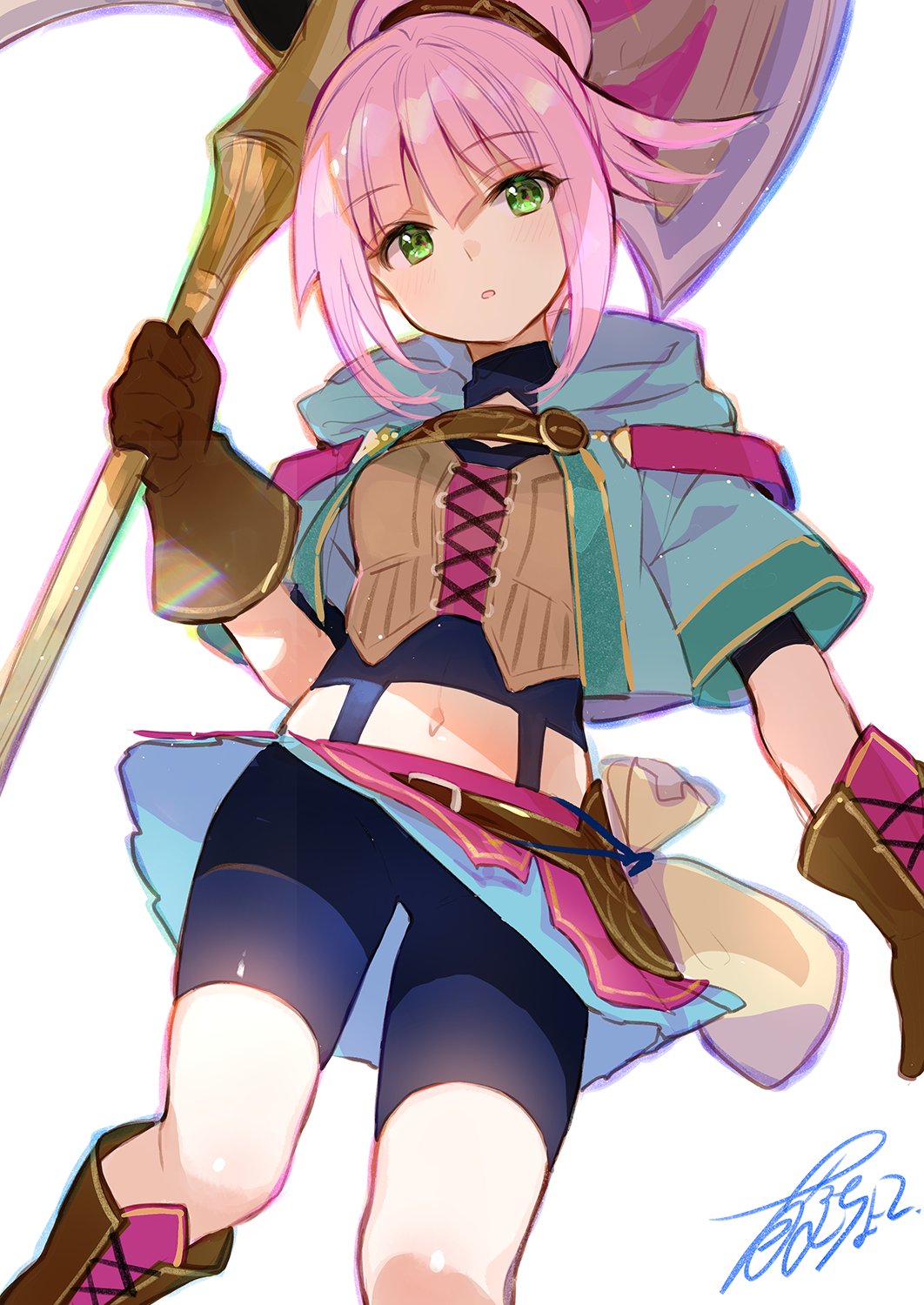 1girl, aqua_jacket, axe, battle_axe, bike_shorts, black_shirt, black_shorts, blue_skirt