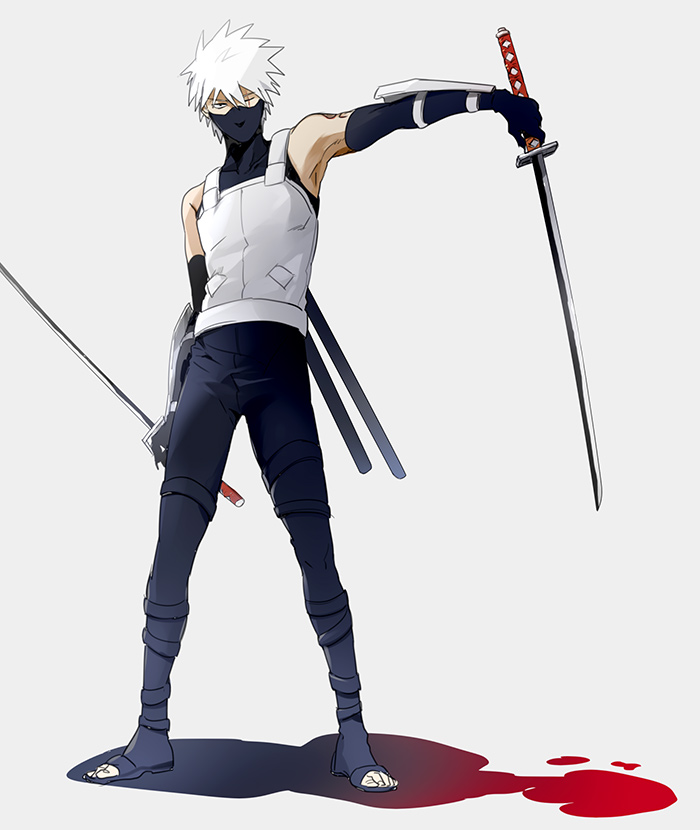 1boy, anbu, armor, bare_shoulders, black_eyes, blood, detached_sleeves, dual_wielding