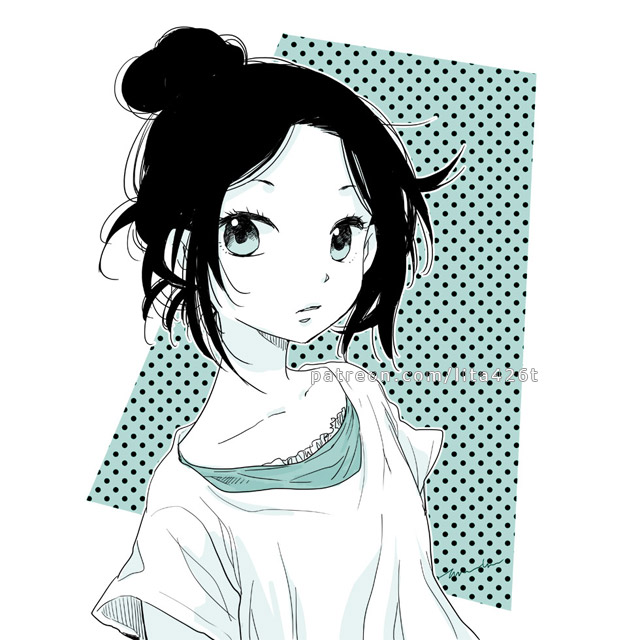 1girl, bangs, black_hair, blue_background, dotted_background, hair_bun, inoue_meiko, looking_at_viewer