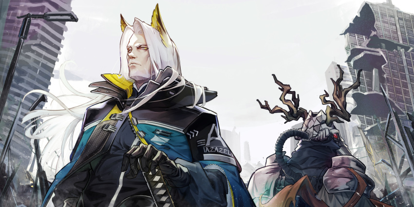 2boys, arknights, armor, beard, black_gloves, building, deer_antlers, deer_skull