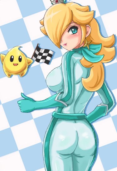 ass, bikesuit, blonde_hair, blush, bodysuit, crown, earrings, gloves