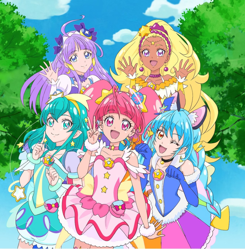 5girls, :d, ;d, ahoge, aqua_eyes, aqua_hair, bangs, bead_choker