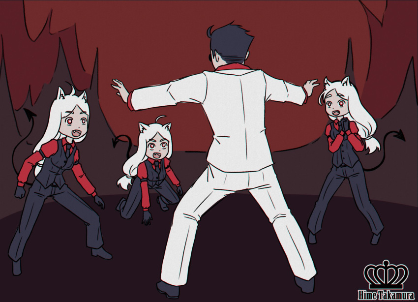 1boy, 3girls, :d, animal_ears, artist_name, black_gloves, black_hair, black_legwear