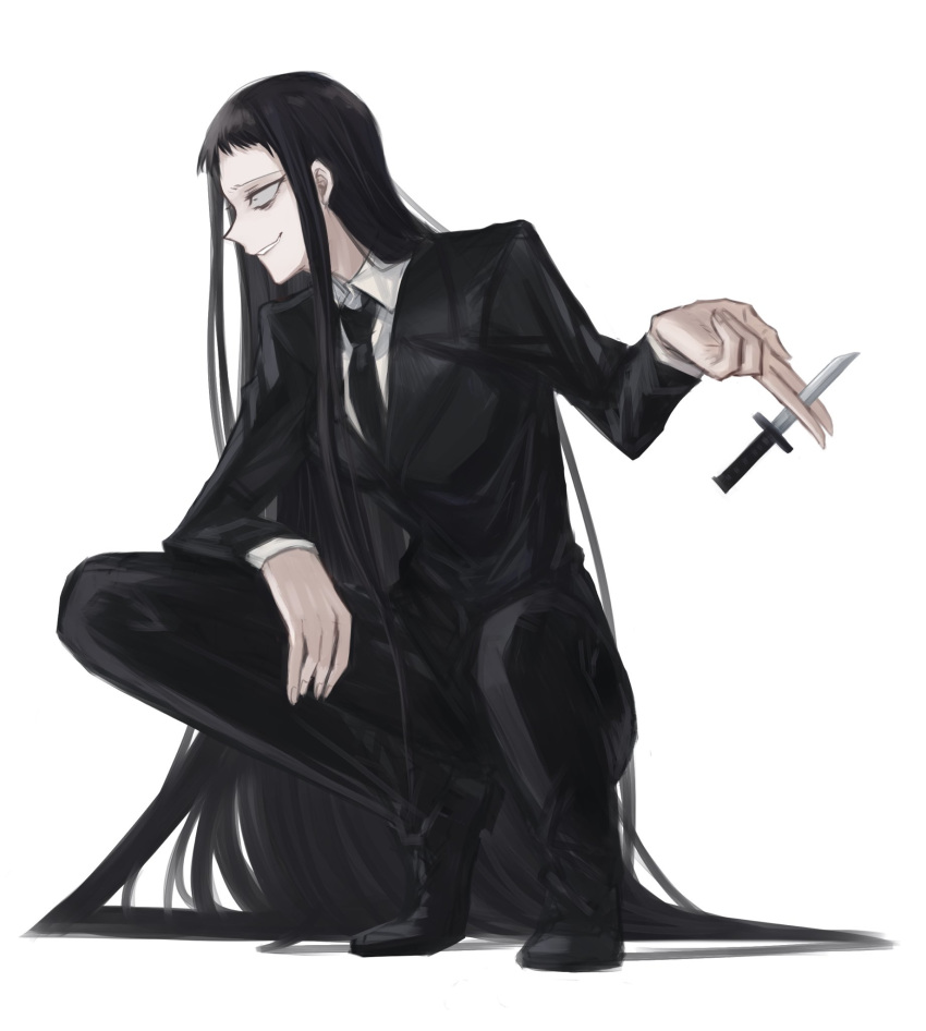 1girl, aoki_shizumi, business_suit, formal, highres, knife, koumori_kuroko, long_hair