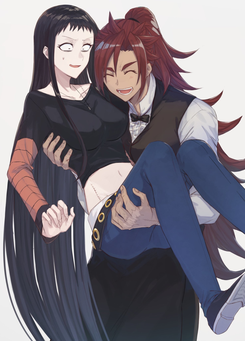 2girls, aoki_shizumi, black_hair, bow, bowtie, carrying, closed_eyes, dark_skin, highres, jewelry, koumori_kuroko, laughing, long_hair, multiple_girls, murcielago, muscle, muscular_female, necklace, princess_carry, redhead, sabiura_ran, surprised, very_long_hair, yuri