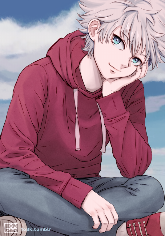1boy, 1o8k, bangs, blue_eyes, closed_mouth, drawstring, english_commentary, hand_on_own_cheek