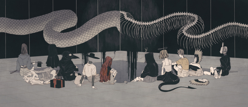 6+girls, androgynous, animal, antennae, arm_support, arm_tattoo, axe, backless_outfit, bare_back, bare_shoulders, belt, bent_over, bob_cut, bone, box, brown_hair, bunny_mask, camisole, capelet, centauroid, clinging, cochlea1313, corset_piercing, covered_face, crossed_ankles, crossed_arms, dripping, extra_arms, facing_away, feathered_wings, fingernails, gift, gift_box, gloves, halo, highres, holding, holding_axe, hole, hood, hood_down, hooded_capelet, hoodie, invisible, jacket, knees_up, leg_tattoo, liquid, long_hair, long_sleeves, monster_girl, multiple_girls, original, oversized_animal, pants, plague_doctor_mask, pleated_skirt, pullover, redhead, severed_wings, sharp_fingernails, shoe_soles, shoes, short_hair, shorts, single_wing, sitting, skeleton, skirt, sleeveless, snake, socks, striped, tail, tattoo, thigh-highs, tile_floor, tile_wall, tiles, undershirt, vertical_stripes, very_short_hair, wavy_hair, wings