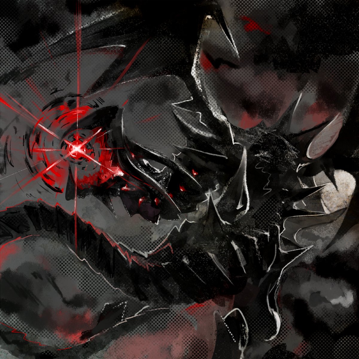 clouds, cloudy_sky, code-aa, dragon, energy, flying, grey_sky, highres, no_humans, outdoors, red-eyes_b._dragon, red_eyes, sky, yuu-gi-ou